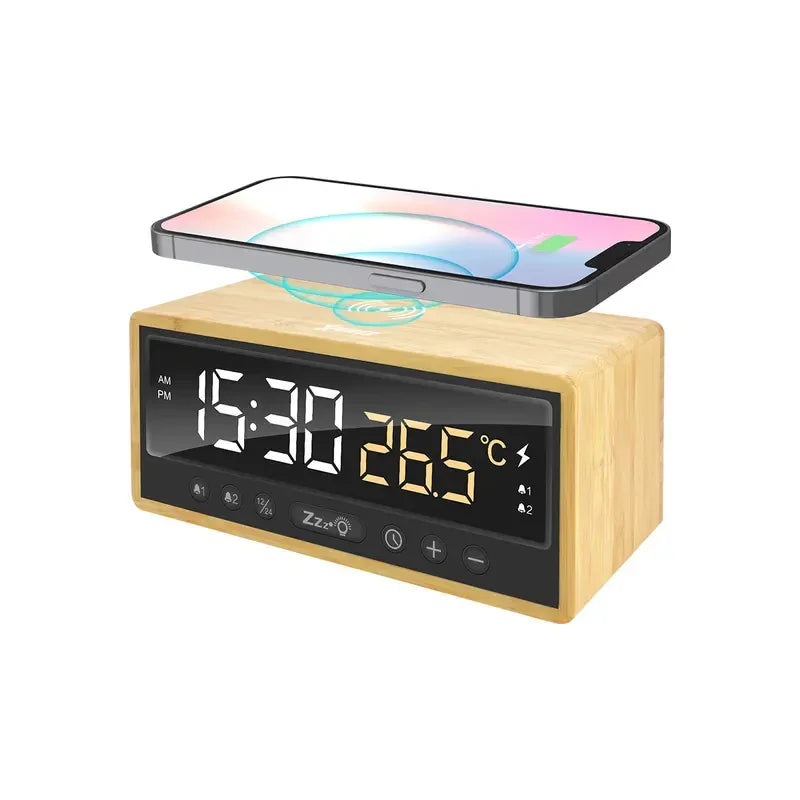 XPower QIC5 4 In 1 Bamboo Alarm Clock With 15W Wireless Charger - Brown - Tashqila XPower QIC5 4 In 1 Bamboo Alarm Clock With 15W Wireless Charger - Brown - Tashqila